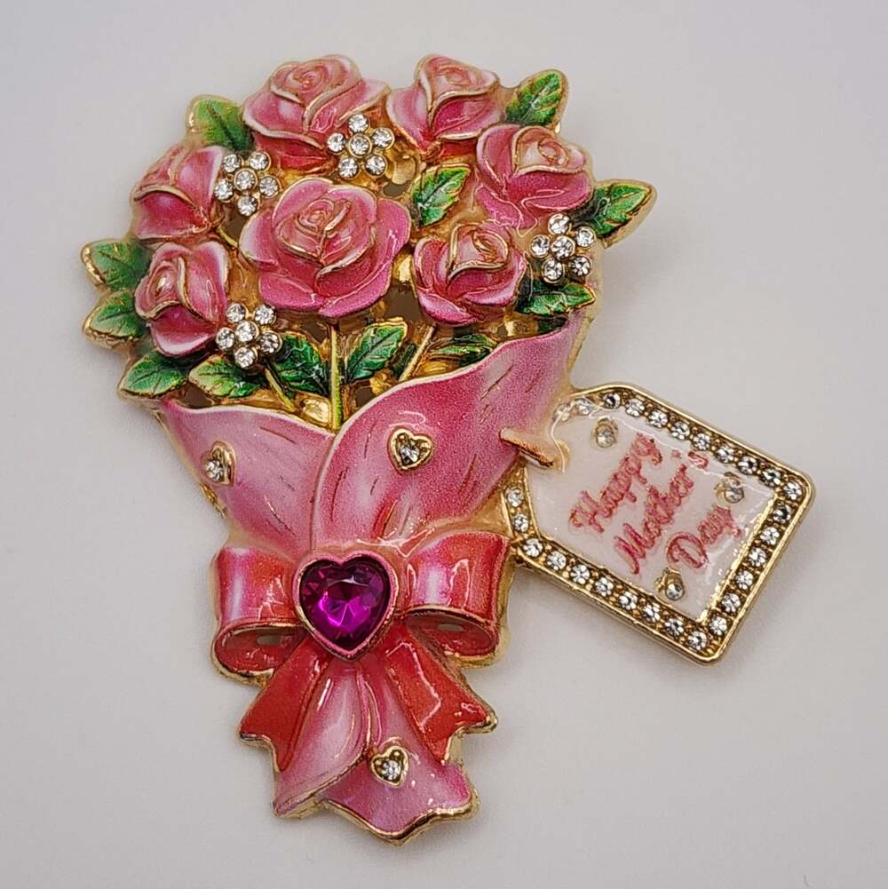 Happy Mother's Day Pink Rose Floral Bouquet Brooch Gold Tone & Rhinestones